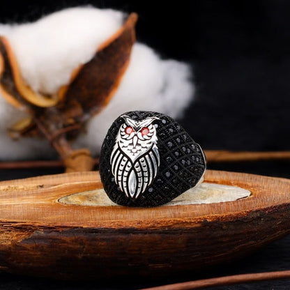 Turkish Sterling Silver Owl Men's Ring With Zircon Stones