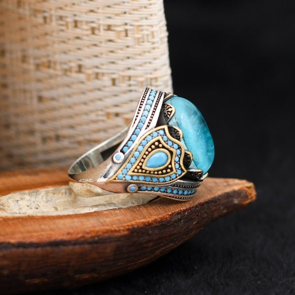 Turkish Paraiba Stone Mens Ring Handmade Premium Design