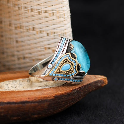 Turkish Paraiba Stone Mens Ring Handmade Premium Design