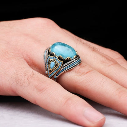 Turkish Paraiba Stone Mens Ring Handmade Premium Design