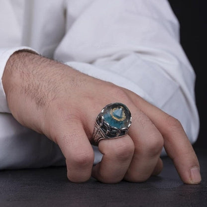 Rumi Tomb Islamic Ring, Green Oval Carved Mevlana Silver Men Tomb Ring