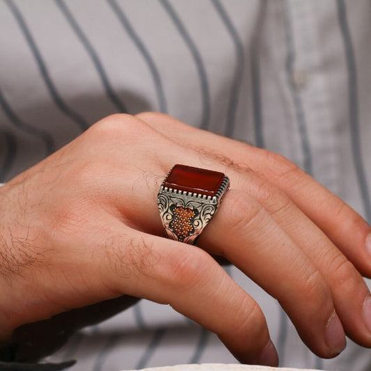 Turkish Handmade Royal Red Agate Silver Luxury Aqeeq Ring