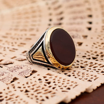 Islamic Yemeni Aqeeq stone Ring, Turkish Handmade Silver Men Ring