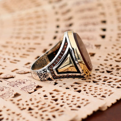 Islamic Yemeni Aqeeq stone Ring, Turkish Handmade Silver Men Ring