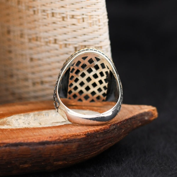 Islamic Black Aqeeq Stone Ring, Turkish Handmade Silver Men Ring