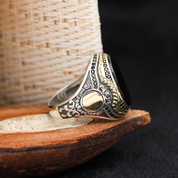 Islamic Black Aqeeq Stone Ring, Turkish Handmade Silver Men Ring