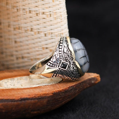 Islamic Royal Black Aqeeq Stone Ring, Turkish Handmade Silver Ring For Men