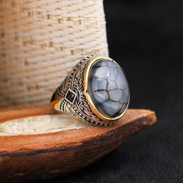 Islamic Royal Black Aqeeq Stone Ring, Turkish Handmade Silver Ring For Men