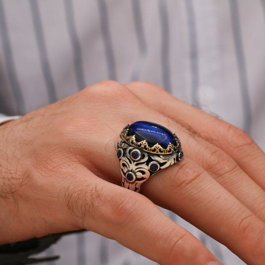 Turkish Handmade Agate Aqeeq Sterling Silver Men's Ring