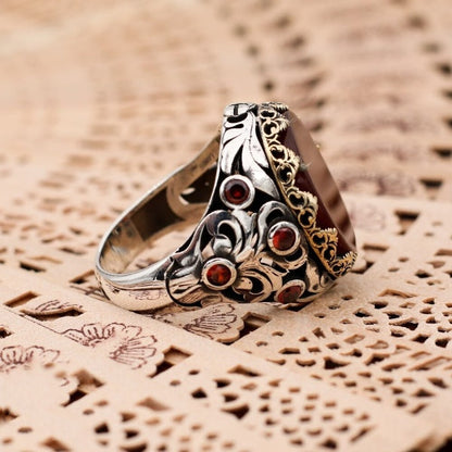 Islamic Yemeni Aqeeq stone Ring, Turkish Handmade Fancy Silver Ring for men