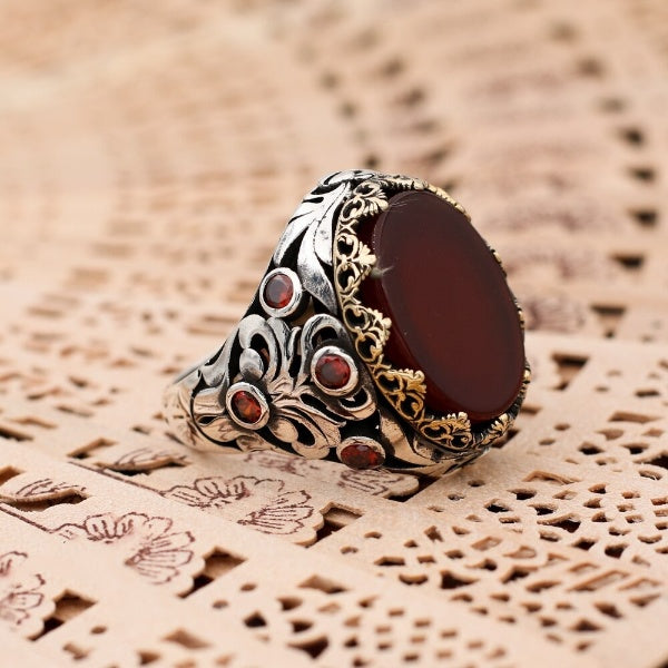 Islamic Yemeni Aqeeq stone Ring, Turkish Handmade Fancy Silver Ring for men