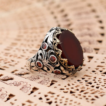 Islamic Yemeni Aqeeq stone Ring, Turkish Handmade Fancy Silver Ring for men
