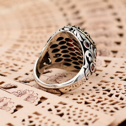 Islamic Yemeni Aqeeq stone Ring, Turkish Handmade Fancy Silver Ring for men