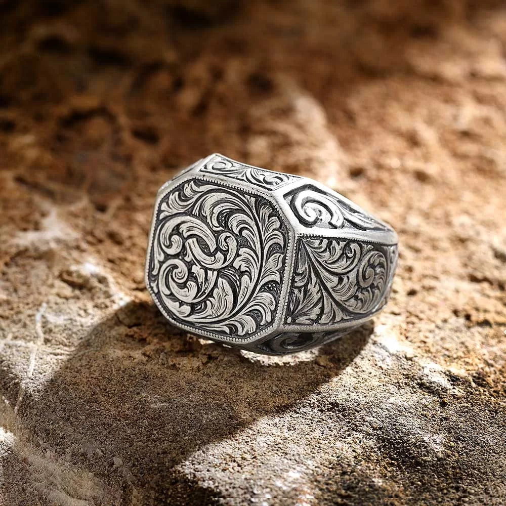 Zyan Gems | Exclusive Hand Engraved Ring for Men, Oxidized Sterling Silver  Ring | Jewellery for Men