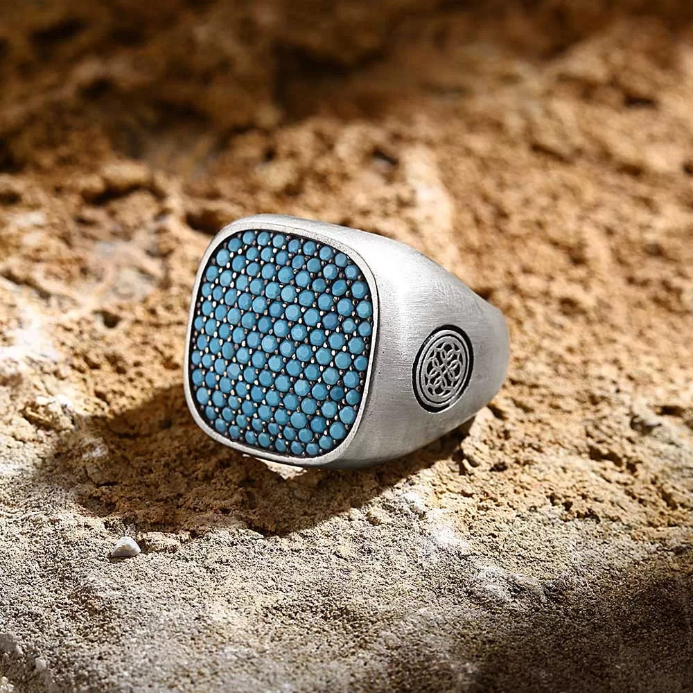 Zyan Gems | Unique Designed Turkish Style Ring with Multiple Natural Turquoise Stone Ring |  Sterling Silver Oxidized Ring