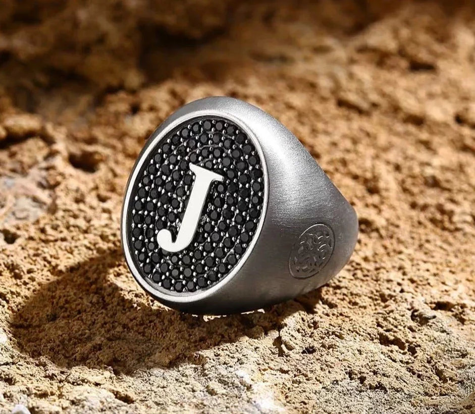 Zyan Gems | Exclusive Personalized Name Initials Ring Studded with Black Zircon | Sterling Silver  Ring | Jewelry for Men