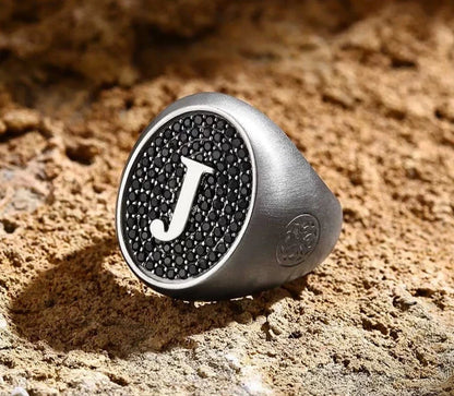 Zyan Gems | Exclusive Personalized Name Initials Ring Studded with Black Zircon | Sterling Silver  Ring | Jewelry for Men