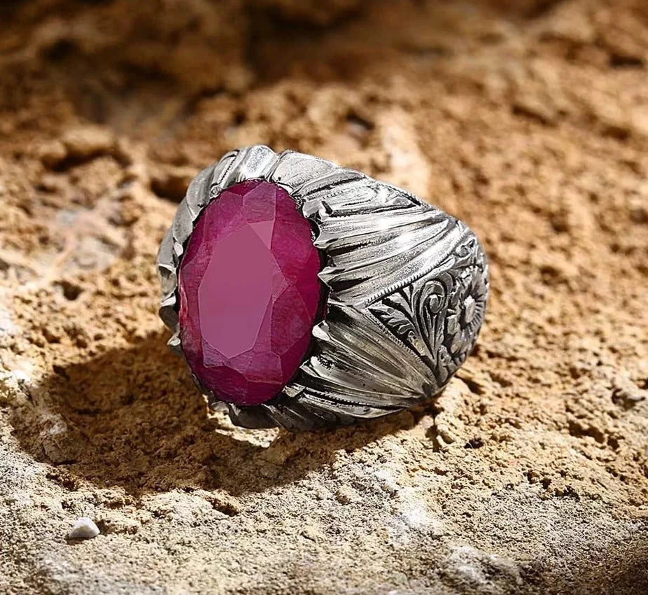 Zyan Gems | Unique Designed Ring with Natural Red Ruby |  Sterling Silver Oxidized Ring