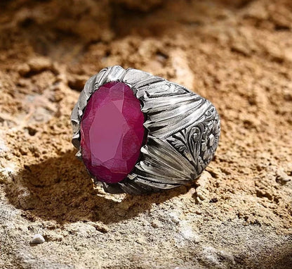 Zyan Gems | Unique Designed Ring with Natural Red Ruby |  Sterling Silver Oxidized Ring