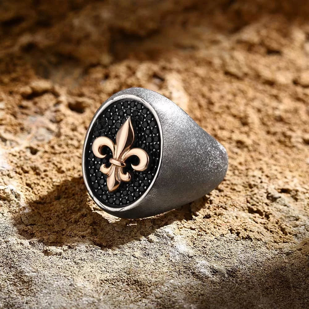 Zyan Gems | Exclusive Fleur de Lis Ring Studded with Black Cubic Zirconia, Sterling Silver  Ring | Jewellery for Men