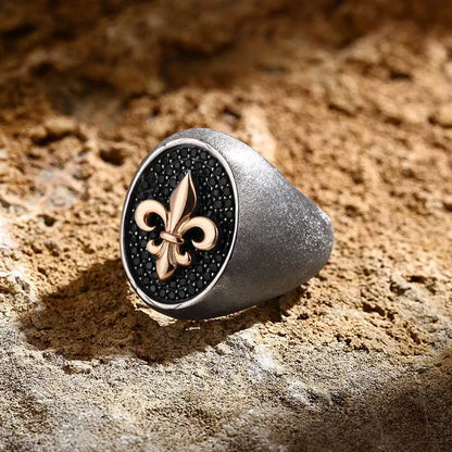 Zyan Gems | Exclusive Fleur de Lis Ring Studded with Black Cubic Zirconia, Sterling Silver  Ring | Jewellery for Men