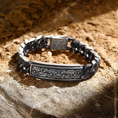 Zyan Gems | 16mm Unique Hand Engraved Black Iced Cuban Link Bracelet for Men | Dark Oxidized  Silver Bracelet
