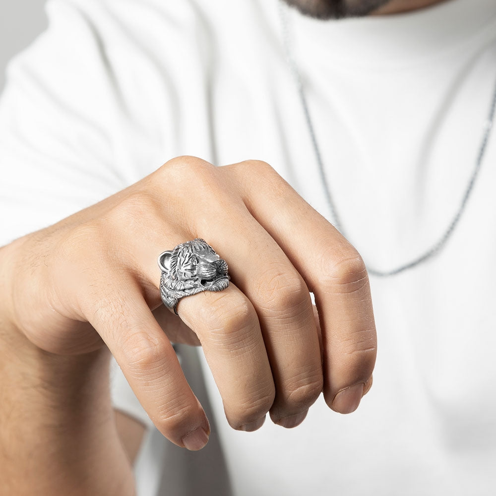 Zyan Gems | Unique Designed 3D Tiger Face Ring |  Sterling Silver Oxidized Ring