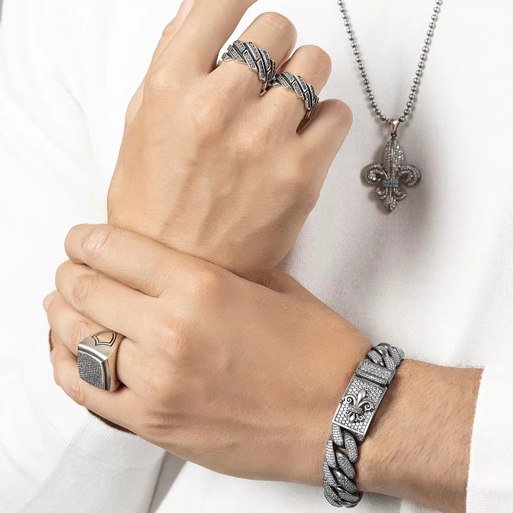 16mm Unique Fleur-De-Lis Iced Cuban Link Bracelet for Men | Dark Oxidized  Silver Bracelet Authenticity and