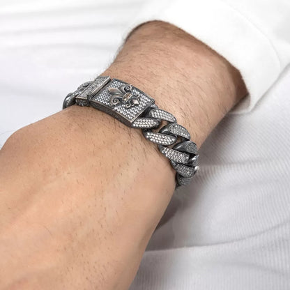 16mm Unique Fleur-De-Lis Iced Cuban Link Bracelet for Men | Dark Oxidized  Silver Bracelet Authenticity and