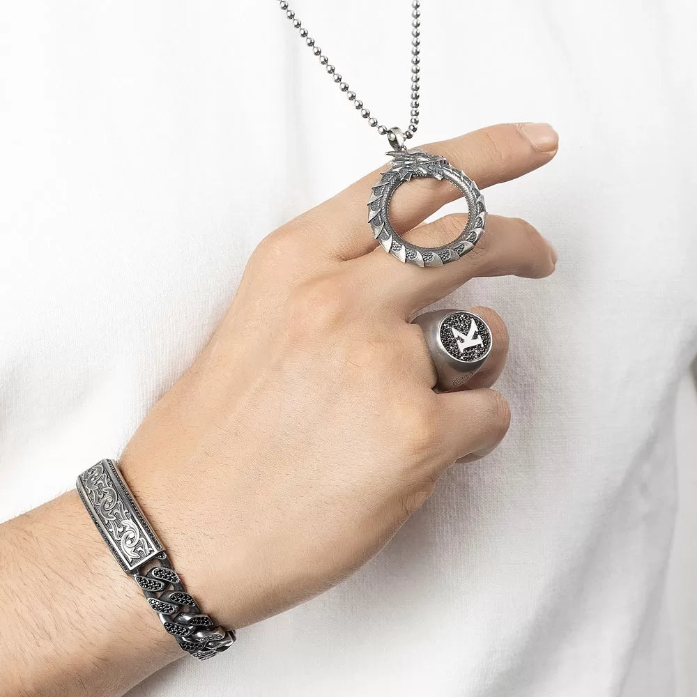 Zyan Gems | Exclusive Personalized Name Initials Ring Studded with Black Zircon | Sterling Silver  Ring | Jewelry for Men