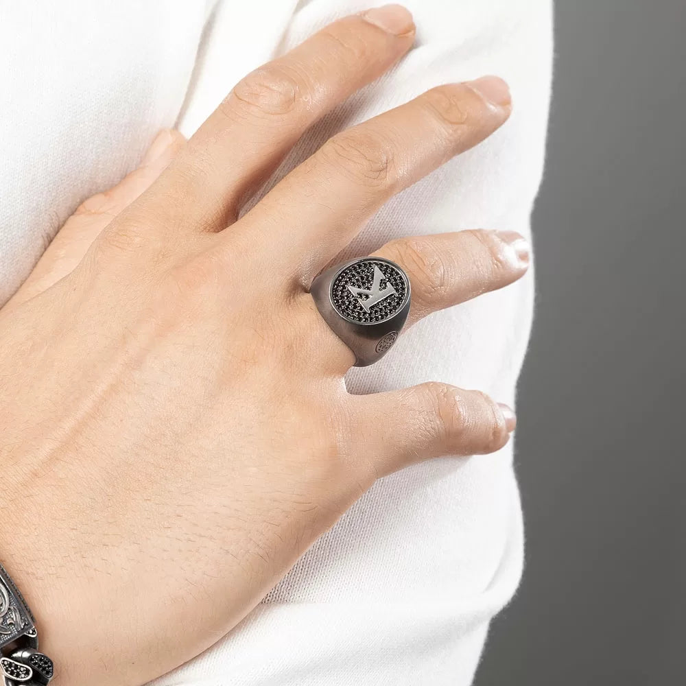Zyan Gems | Exclusive Personalized Name Initials Ring Studded with Black Zircon | Sterling Silver  Ring | Jewelry for Men