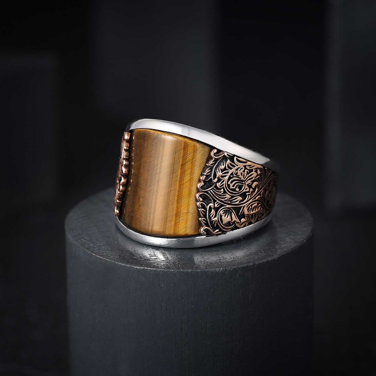 Zyan Gems | Unique Designed Turkish Style Curved Ring with Natural Tiger Eye |  Sterling Silver Gold Plated Ring