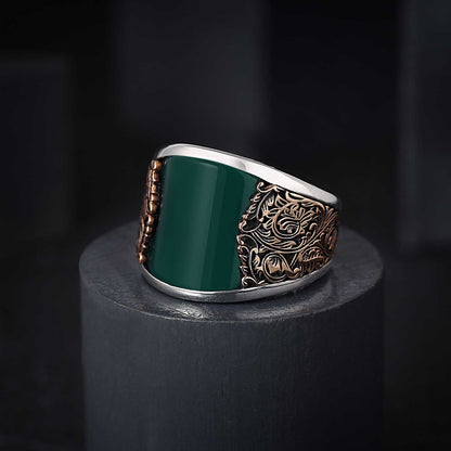 Zyan Gems | Unique Designed Turkish Style Curved Ring with Green Onyx  |  Sterling Silver Gold Plated Ring
