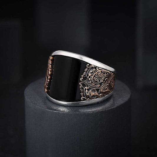 Zyan Gems | Unique Designed Turkish Style Curved Ring with Natural Black Onyx |  Sterling Silver Gold Plated Ring