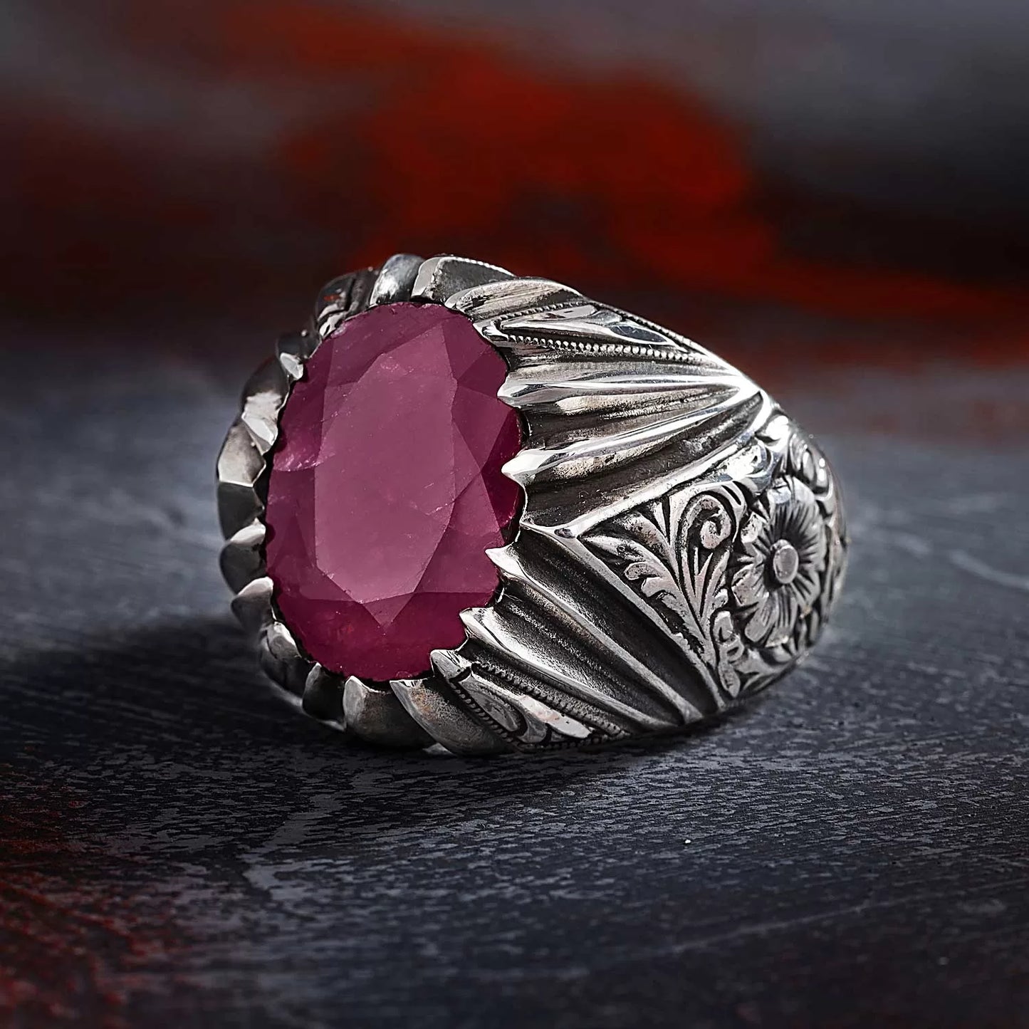 Zyan Gems | Unique Designed Ring with Natural Red Ruby |  Sterling Silver Oxidized Ring