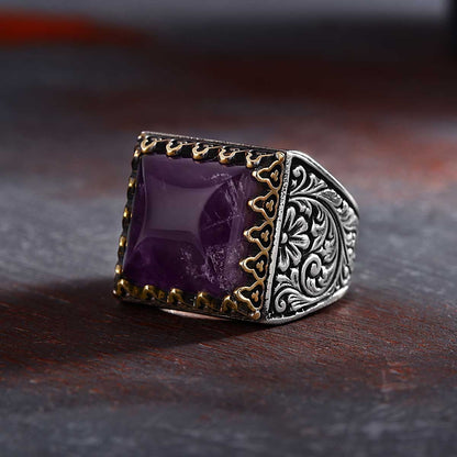 Zyan Gems | Unique Designed Turkish Style Premium Ring with Purple Amethyst |  Sterling Silver Oxidized Ring