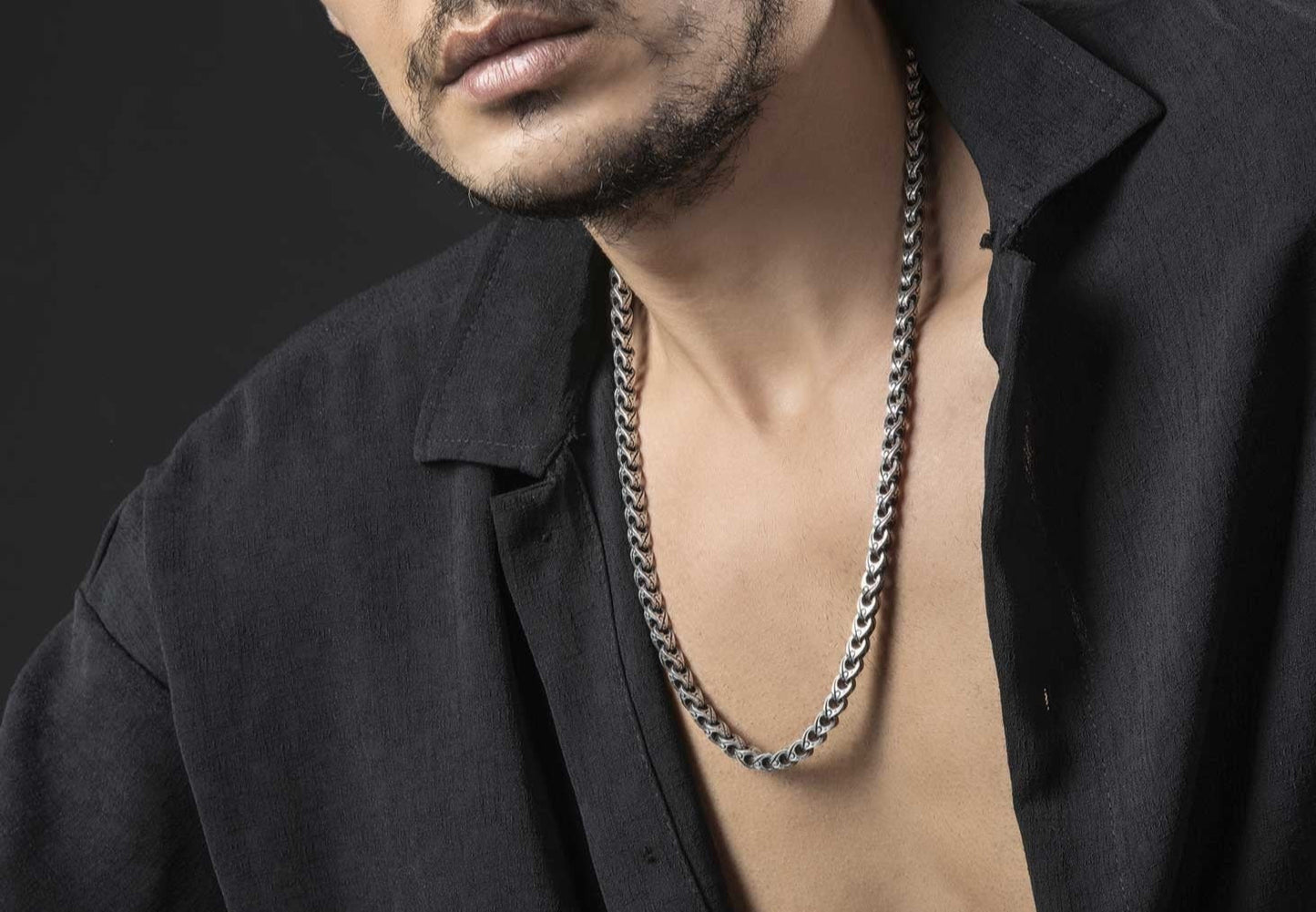 Zyan Gems | Unique Hand Engraved Cylindrical Oxidized Chain |  Sterling Silver Chain