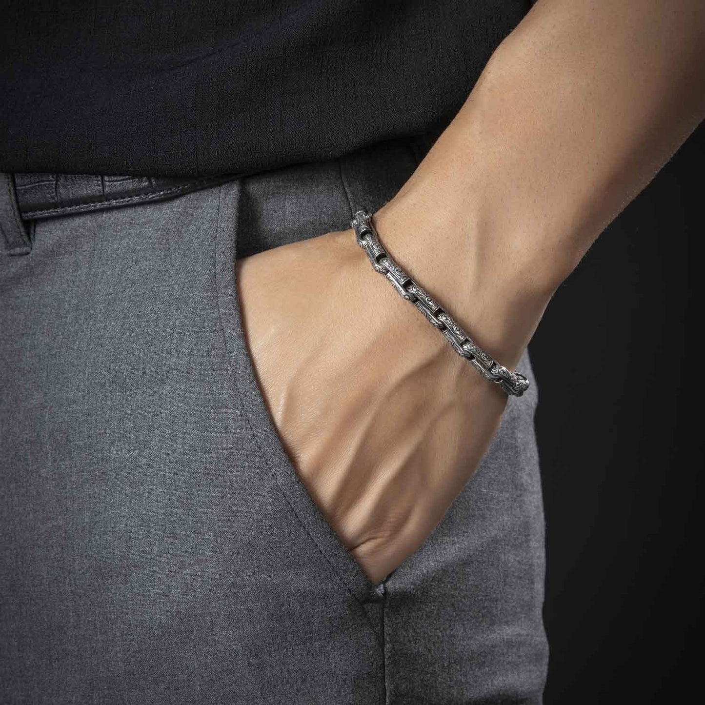 Zyan Gems | Unique Hand Engraved Vintage Oxidized Bracelet |  Sterling Silver Bracelet