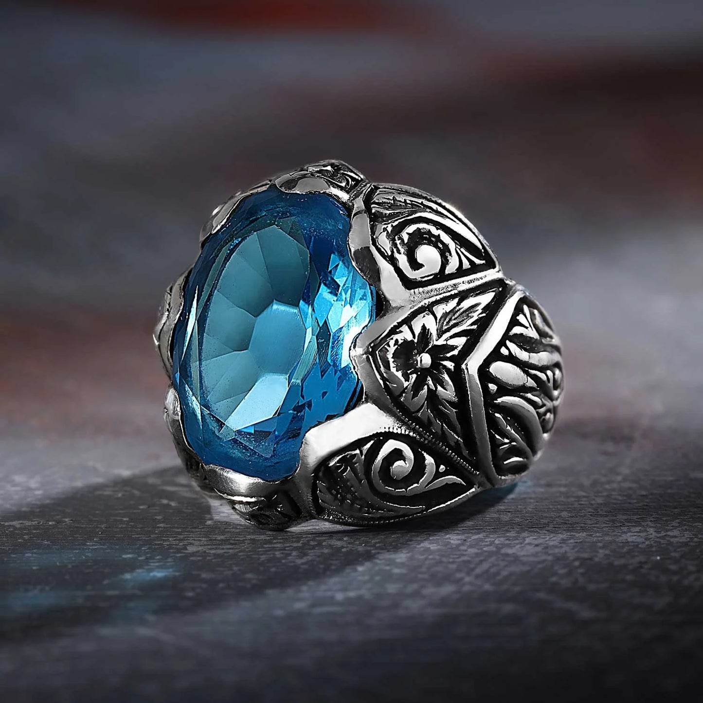 Zyan Gems | Exclusively Designed Ring with Blue Topaz |  Sterling Silver Oxidized Ring