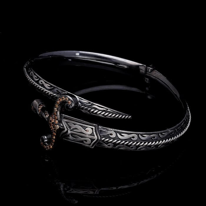 Zyan Gems | Exclusive Adjustable Silver Sword studded with Black Zirconia Handcuff Bracelet for Men & Boys |  Sterling Silver Bracelet