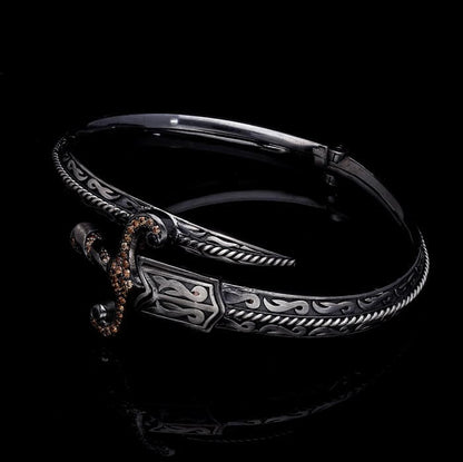 Zyan Gems | Exclusive Adjustable Silver Sword studded with Black Zirconia Handcuff Bracelet for Men & Boys |  Sterling Silver Bracelet