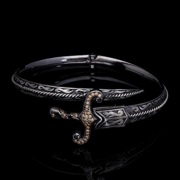 Zyan Gems | Exclusive Adjustable Silver Sword studded with Black Zirconia Handcuff Bracelet for Men & Boys |  Sterling Silver Bracelet