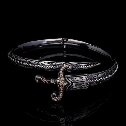 Zyan Gems | Exclusive Adjustable Silver Sword studded with Black Zirconia Handcuff Bracelet for Men & Boys |  Sterling Silver Bracelet