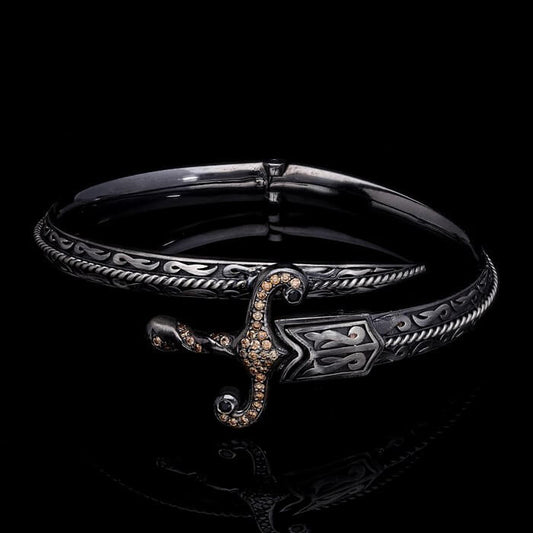 Zyan Gems | Exclusive Adjustable Silver Sword studded with Black Zirconia Handcuff Bracelet for Men & Boys |  Sterling Silver Bracelet