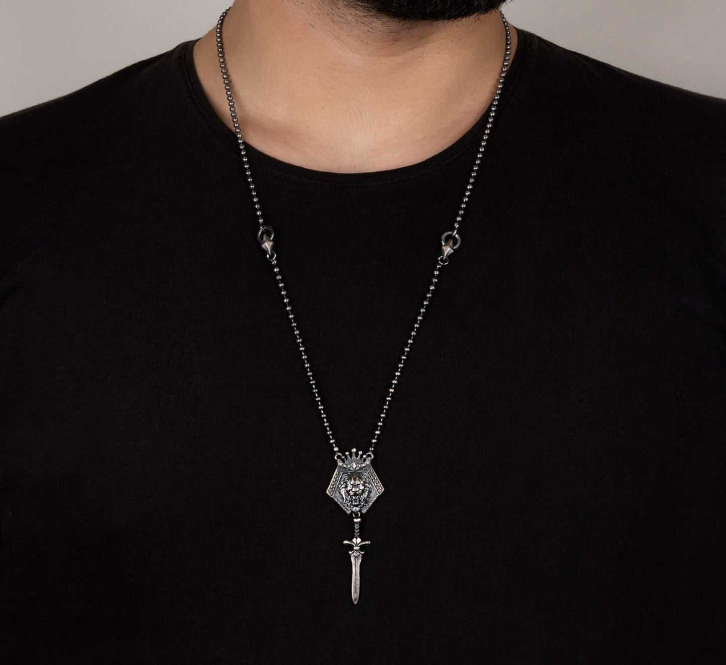 Zyan Gems | Unique Designed King Lion with Sword Pendant Necklace with Ball Chain |  Sterling Silver Oxidized Necklace