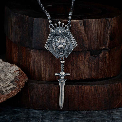 Zyan Gems | Unique Designed King Lion with Sword Pendant Necklace with Ball Chain |  Sterling Silver Oxidized Necklace