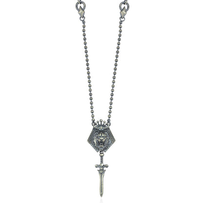 Zyan Gems | Unique Designed King Lion with Sword Pendant Necklace with Ball Chain |  Sterling Silver Oxidized Necklace