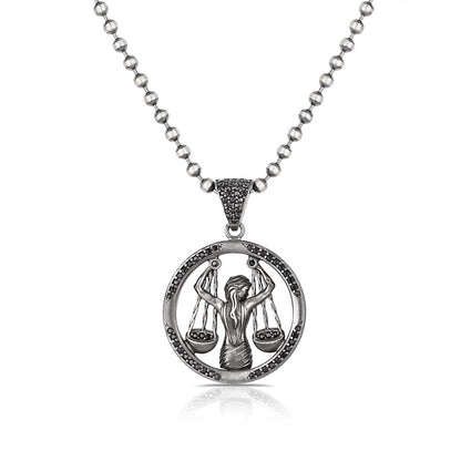 Zyan Gems | Unique Libra Zodiac Designed Pendant Studded with Black Zircons | Unisex  Sterling Silver Oxidized Pendant