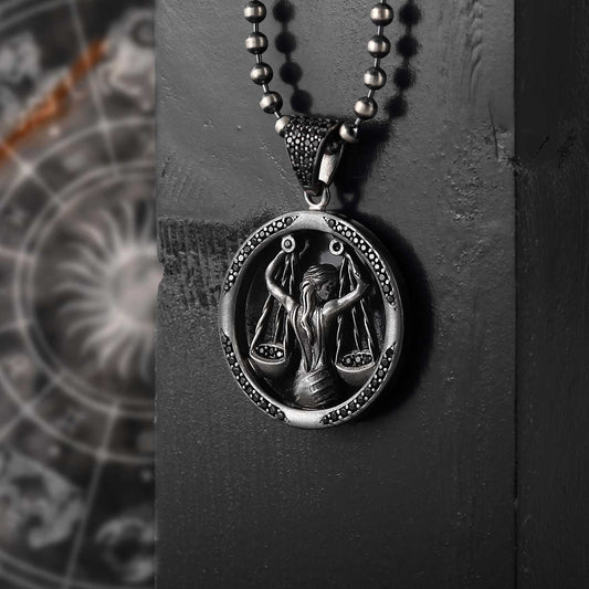 Zyan Gems | Unique Libra Zodiac Designed Pendant Studded with Black Zircons | Unisex  Sterling Silver Oxidized Pendant