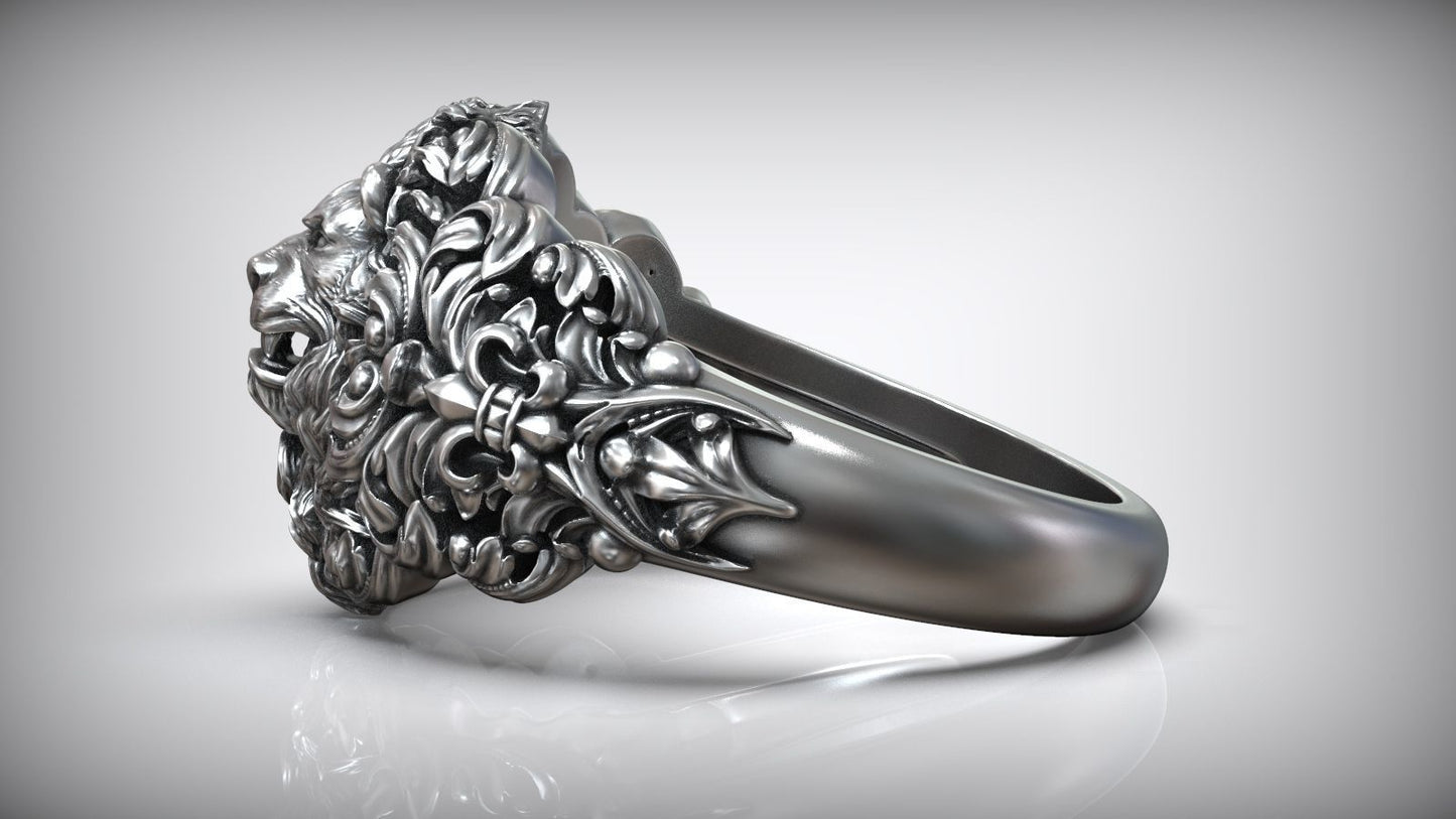 Zyan Gems | Unique Designed Lion Head Ring with Royal Fleur De Lis |  Sterling Silver Oxidized Ring